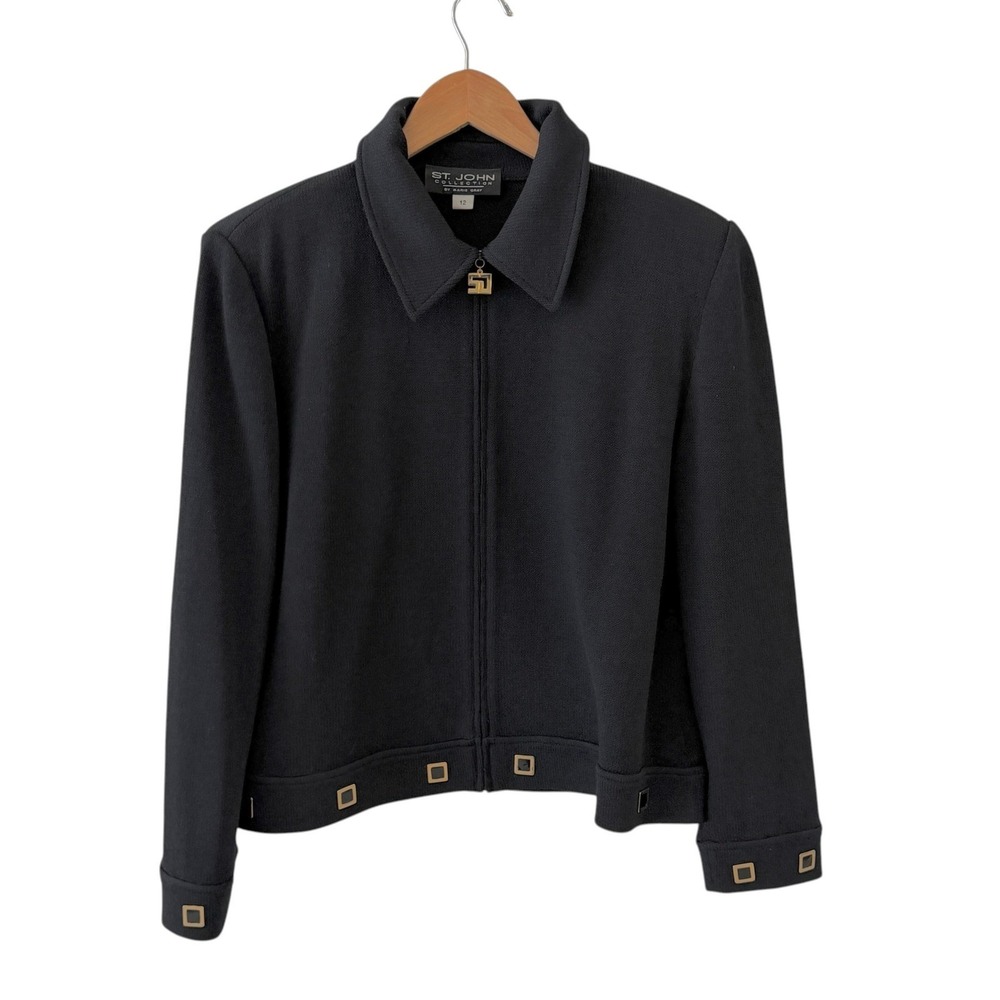 Vintage St John Collection Knit Zip Jacket Womens 12 Black Studded Old Money